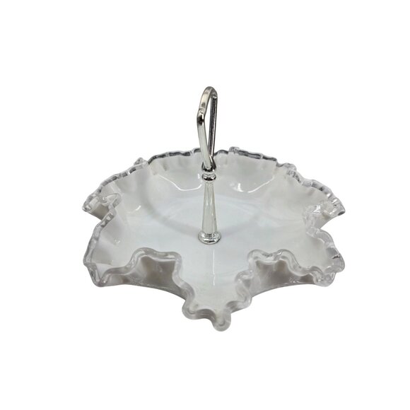 Vintage Fenton Milk Glass Silver Handle Ruffled Edge Candy Dish - Picture 4 of 6